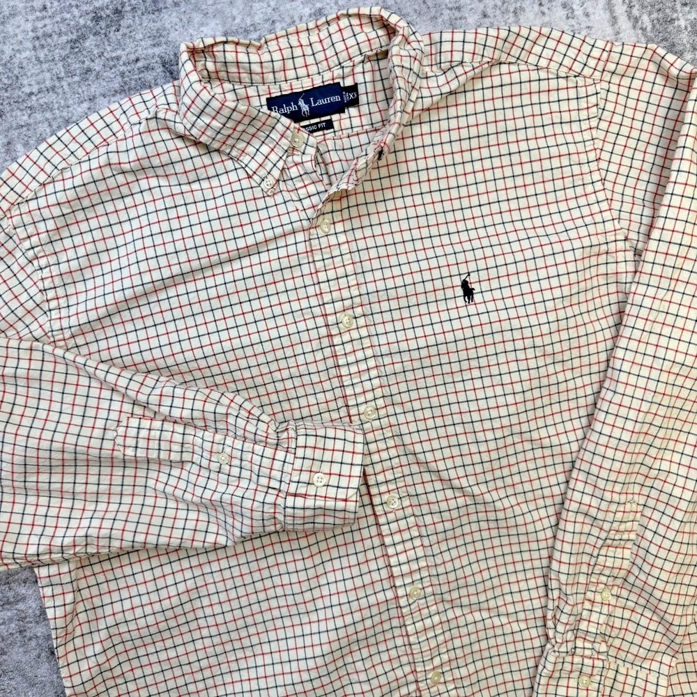 VTG Polo Ralph Lauren Oxford Shirt Mens 2XL Cream Grid Check Classic Fit Pony